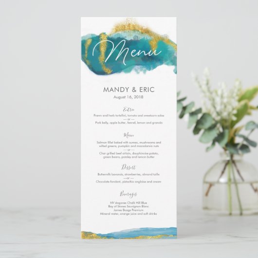 Aqua Gold Beach Wedding Menu of Program Card (Staand voorkant)