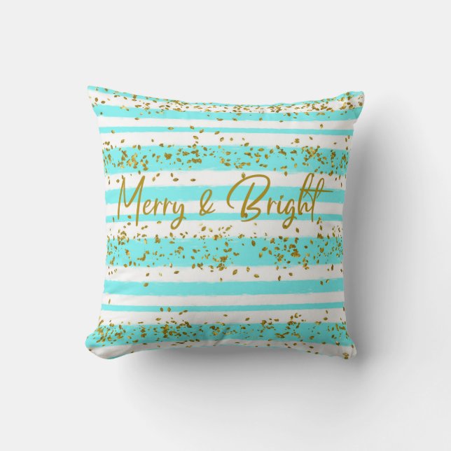 Aqua Gold Glitter Confetti Merry & Bright Kussen (Voorkant)