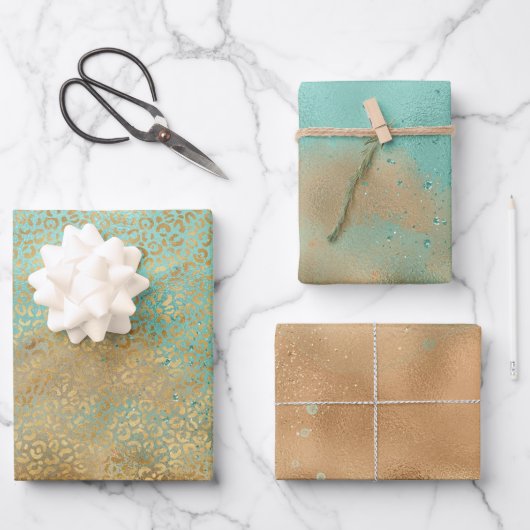 Aqua Gold Glitzy Sparkle Glitter Leopard Inpakpapier Vel (Voorkant)
