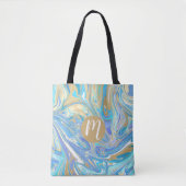 Aqua & Gold Liquid Marble Monogram Draagtas (Voorkant)