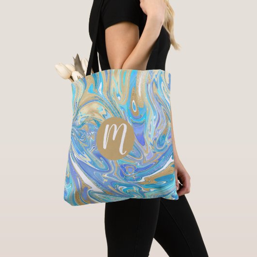 Aqua & Gold Liquid Marble Monogram Draagtas (Dichtbij)