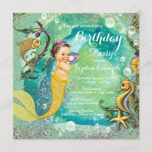 Aqua Gold Little Mermaid under Zee Birthday Party Kaart