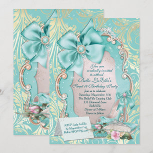 Aqua & Gold Princess Sweet 16 uitnodiging