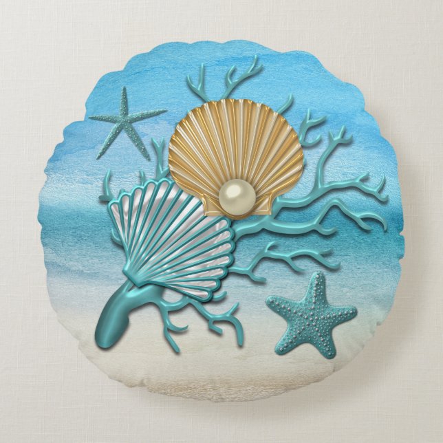 Aqua & Gold Seashells Beach Rond Kussen (Voorkant)