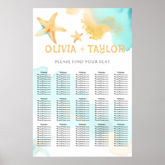 Aqua Gold Watercolor Strand Zeester Trouwdag Poster