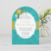 Aqua Golden Limoen Chartreuse Damask Wedding Invit Kaart (Staand voorkant)