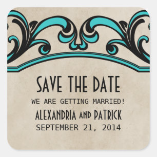 Aqua Gothic Swirls Save the Date Stickers