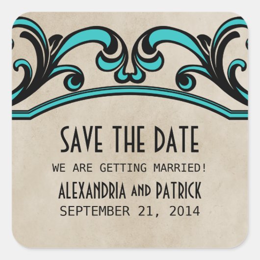Aqua Gothic Swirls Save the Date Stickers (Devant)