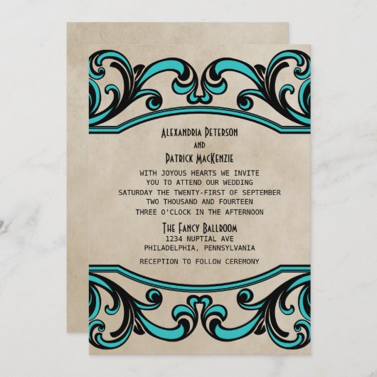 Aqua Gothic Swirls Wedding Invitation (Devant / Derrière)