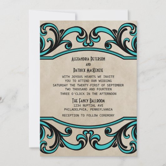 Aqua Gothic Swirls Wedding Invite Kaart (Voorkant)