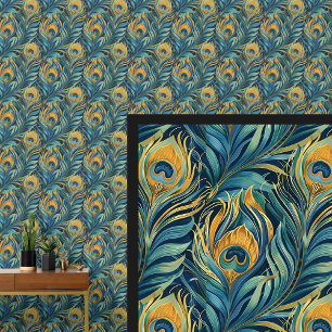 Aqua & gouden pauwenveren behang