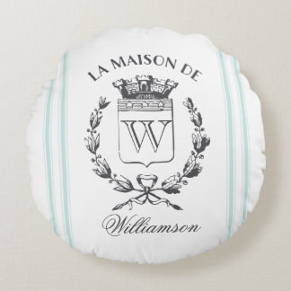 Aqua Grain Sack Custom Family Crest Rond Kussen