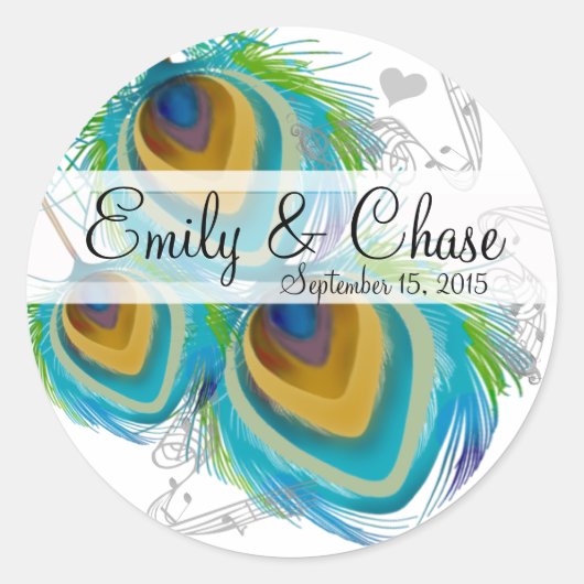 Aqua Gray 3 Peacock Feathers Wedding Sticker (Voorkant)