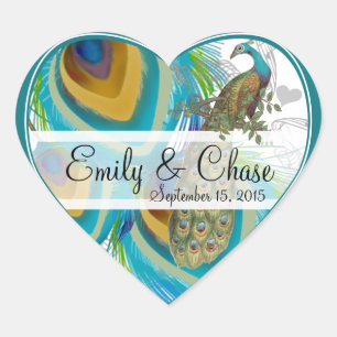 Aqua Gray 3 Peacock Feathers Wedding Sticker