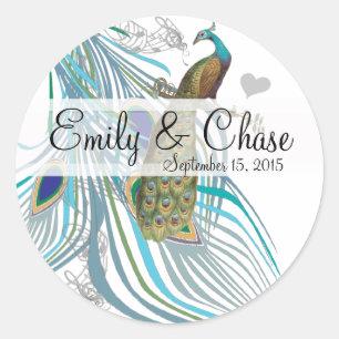 Aqua Gray 3 Peacock Feathers Wedding Sticker
