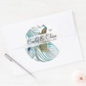 Aqua Gray 3 Peacock Feathers Wedding Sticker (Envelop)