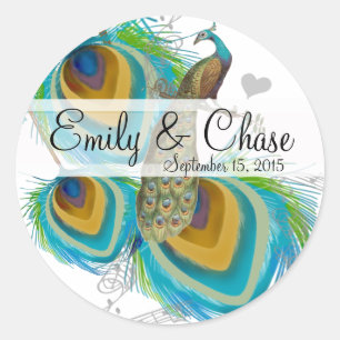 Aqua Gray 3 Peacock Feathers Wedding Sticker