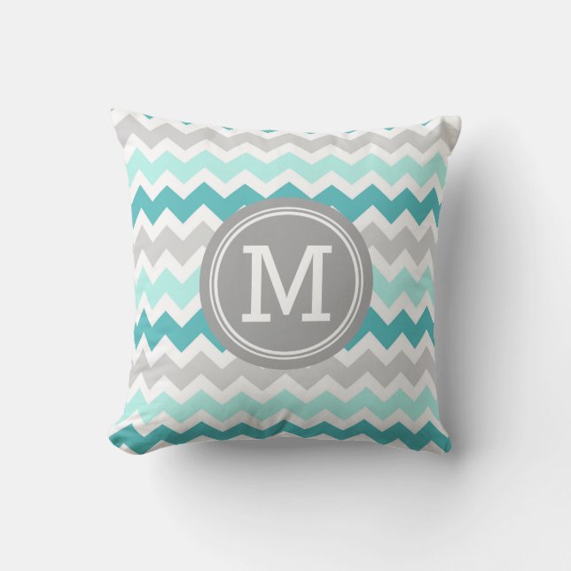 Aqua Gray Chevron Monogram Decoratief Pillow Kussen (Voorkant)