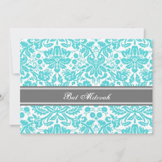 Aqua Gray Damask Bat Mitzvah Invitaties Kaart (Voorkant)