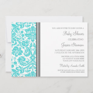Aqua Gray Damask Custom Baby Shower Invitaties Kaart