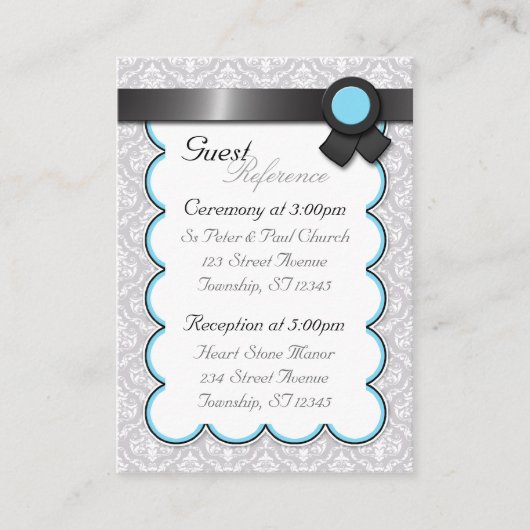 Aqua & Gray Damask Wedding Guest Reference Kaarten (Voorkant)