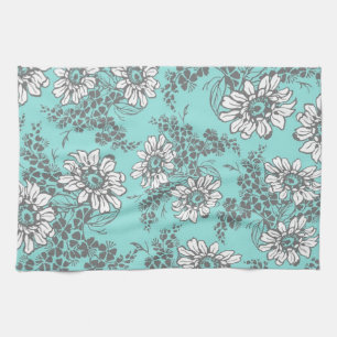 Aqua Gray Floral Kitchen Cloth Towel Theedoek