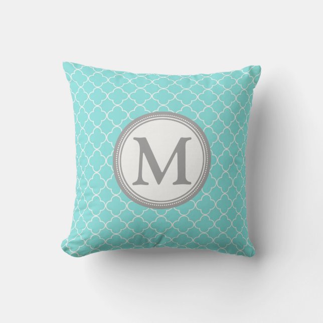 Aqua Gray Quatrefoil Monogram Decoratief Pillow Kussen (Voorkant)