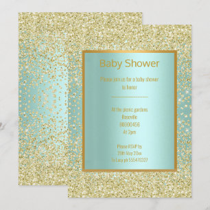 AQUA GREEN BLUE DIAMOND SPARKLE GOLD BABY SHOWER KAART