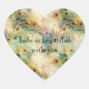 Aqua Green Gold Peacock Feathers Hart Sticker