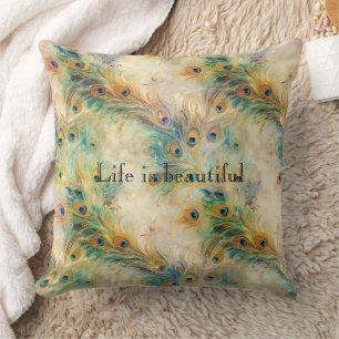 Aqua Green Gold Peacock Feathers Kussen