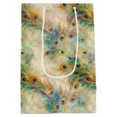 Aqua Green Gold Peacock Feathers Medium Cadeauzakje (Achterkant)