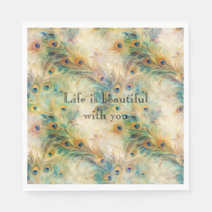 Aqua Green Gold Peacock Feathers Servet