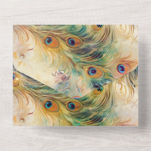 Aqua Green Gold Peacock Feathers Wedding All In One Uitnodiging (Achterkant)