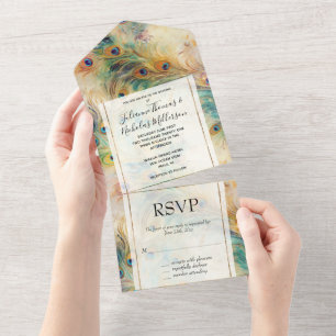 Aqua Green Gold Peacock Feathers Wedding All In One Uitnodiging