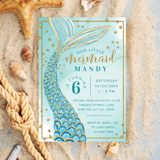 Aqua Green Gold Petite Sirène Invitation Anniversa