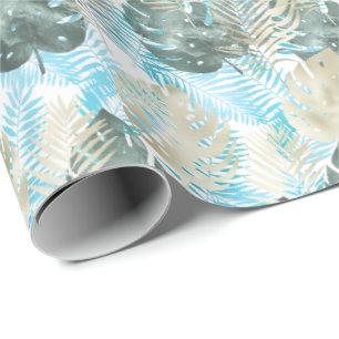 Aqua Green Gold Tropical Leaves Cadeaupapier