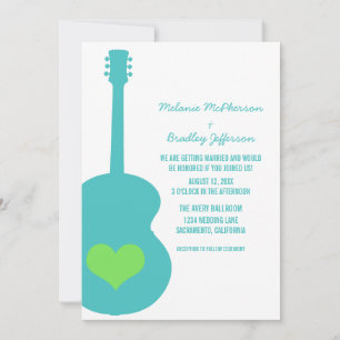 Aqua/Green Guitar Heart Wedding Invite Kaart