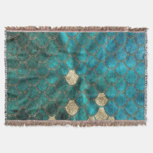 Aqua green Mermaidscales met goudglitter Deken