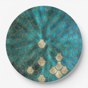 Aqua green Mermaidscales met goudglitter Papieren Bordje