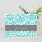 Aqua Grey Damask Custom Baby Shower Invitations (Debout devant)