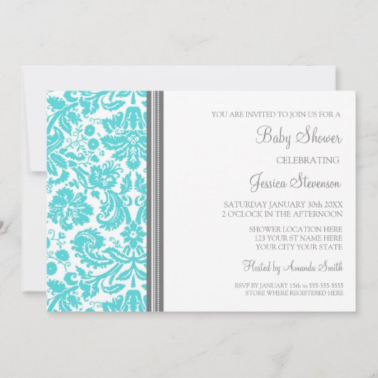 Aqua Grey Damask Custom Baby Shower Invitations (Dos)