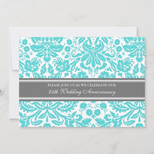 Aqua Grey Damask Invitation du 25e anniversaire (Devant)