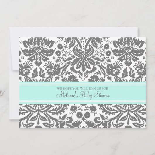 Aqua Grey Damask Invitations Custom Baby Shower (Devant)