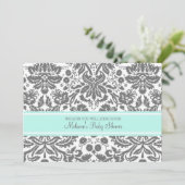Aqua Grey Damask Invitations Custom Baby Shower (Debout devant)