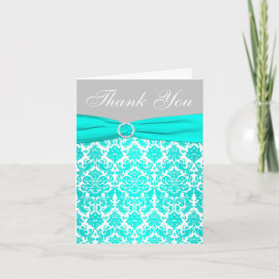 Aqua, Grey et White Damask Carte de remerciements