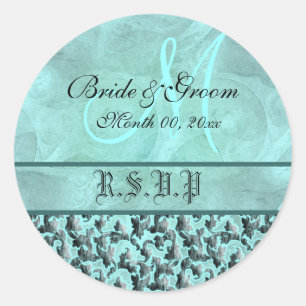 Aqua grijs rsvp bruiloft bloemendamast ronde sticker