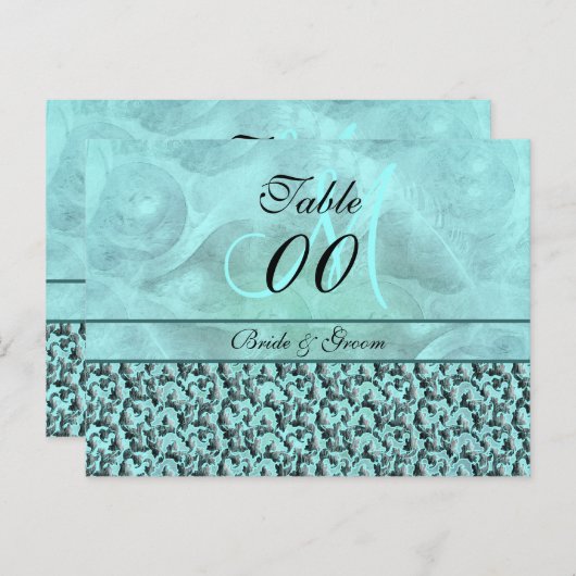 Aqua grijs "tafel nummer" bruiloft damast briefkaart (Voorkant / Achterkant)