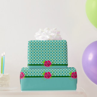 Aqua & Groene Polka Dot | Roze Roos met Solid Band Cadeaupapier
