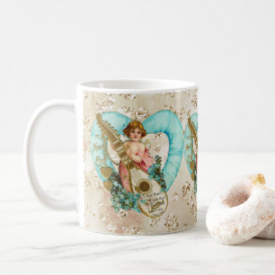 Aqua Heart Golden Cherub & Harp Bokeh Bling Koffiemok