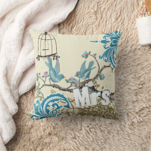 Aqua Hot Pink Birds Mrs Brides Pillow Kussen
